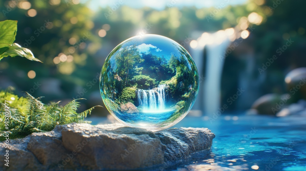 A mesmerizing crystal orb reflecting a serene waterfall, capturing nature's beauty in a tranquil setting. A mesmerizing crystal orb reflecting a serene waterfall, capturing nature's beauty in a tranquil setting.