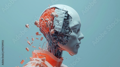 AI Innovation, a conceptual representation of artificial intelligence embodied in a human head, emphasizing creativity and technology in a minimalist environment.