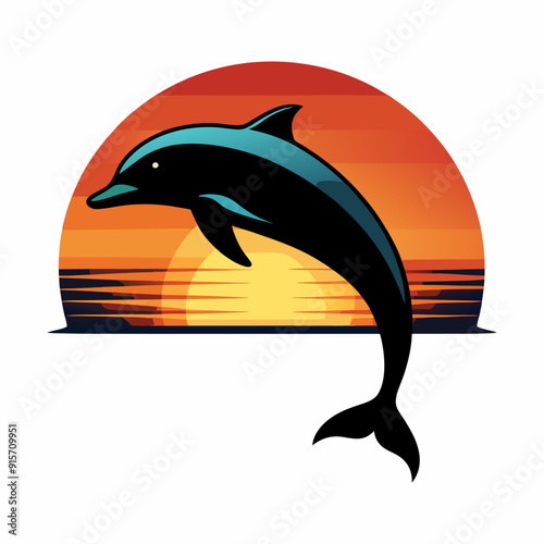 Illustration of Dolphin on sunset circle for t-shirt design