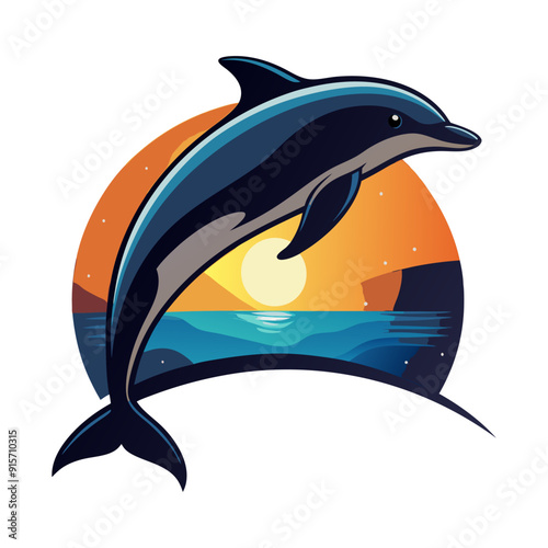 Illustration of Dolphin on sunset circle for t-shirt design