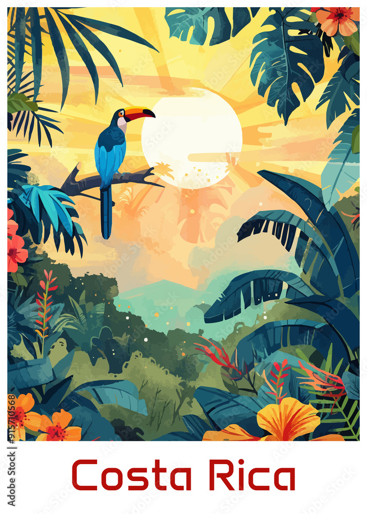 Costa Rica Poster Illustration Travel Print Decor Gift Paper Canvas Wall Retro Art