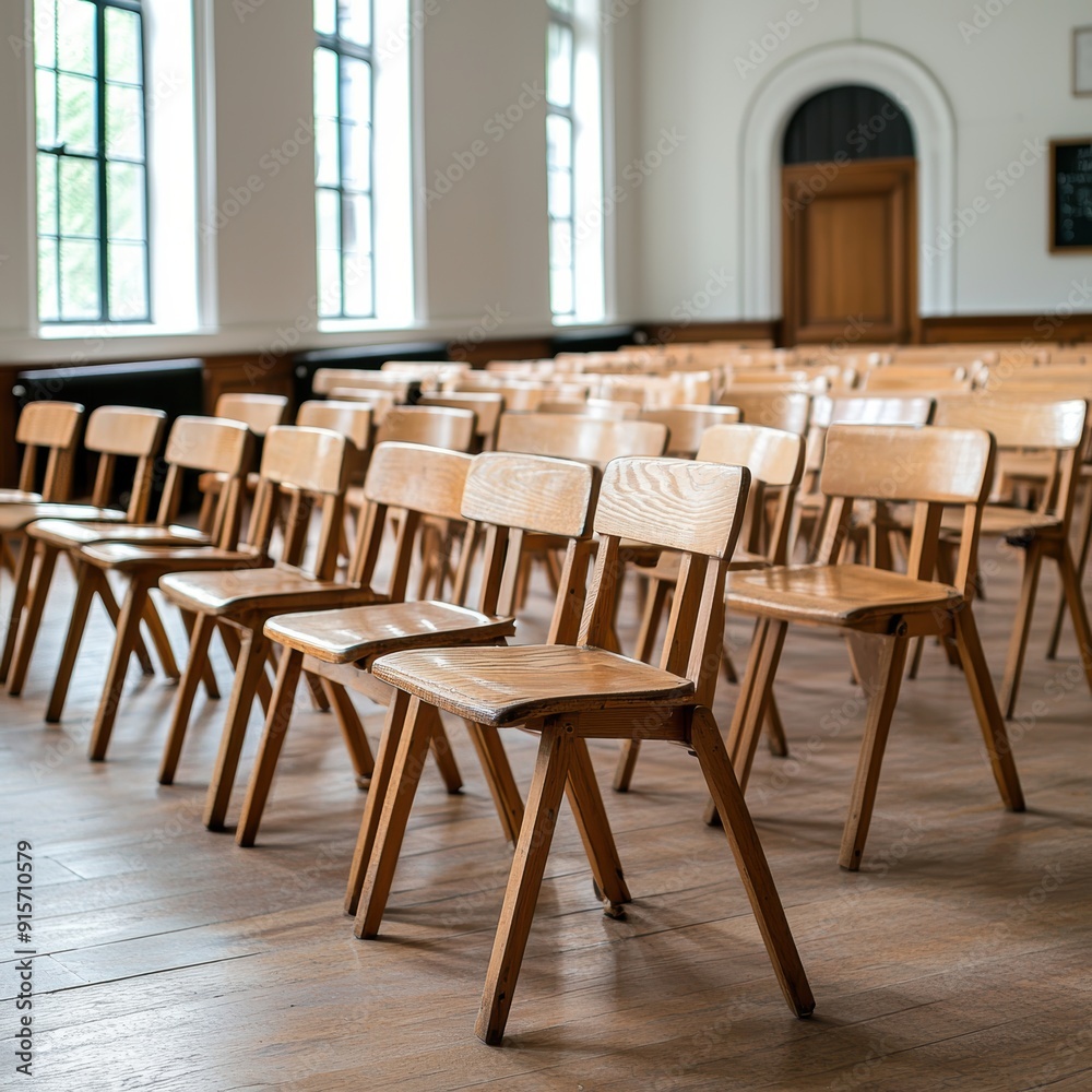 A row of wooden chairs arranged in a spacious classroom, showcasing simplicity and functionality in educational settings. A row of wooden chairs arranged in a spacious classroom, showcasing simplicity and functionality in educational settings.