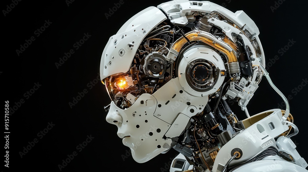 Fototapeta premium Porcelain Humanoid Cyborg, detailed side view of a sleek white cyborg with glowing accents, set against a stark black background, emphasizing its futuristic design and features