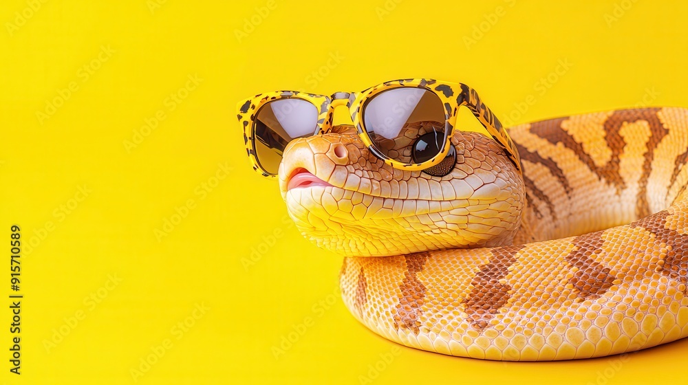 Fototapeta premium Trendy Snake in Sunglasses, an eye-catching illustration of a stylish snake adorned with spots, lounging against a vibrant yellow backdrop, perfect for playful designs.