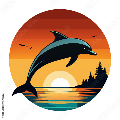 Dolphin in sea at sunset, palm trees in background