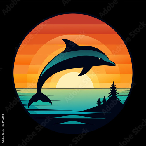 Dolphin in sea at sunset, palm trees in background