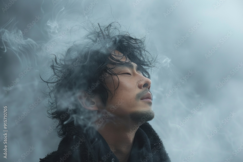 Man with intense gaze surrounded by ethereal smoke mist