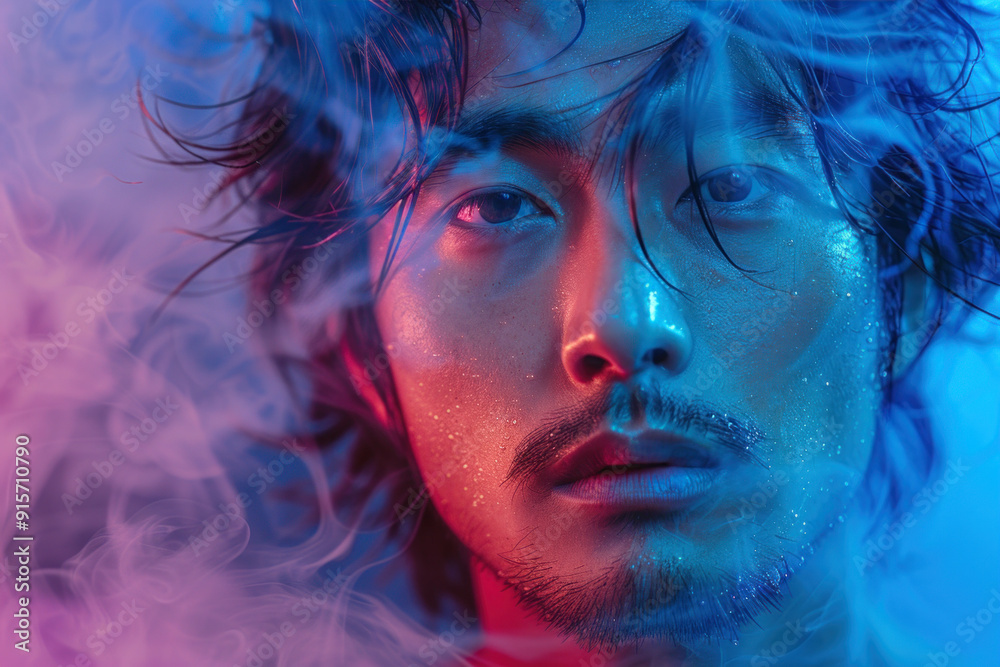 Man surrounded by colorful smoke in neon lights Man surrounded by colorful smoke in neon lights
