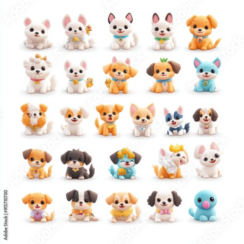 Collection of cute, colorful dog figurines in various poses, perfect for pet lovers, decor, or playtime inspiration.