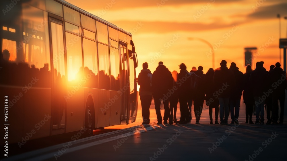 Fototapeta premium Silhouettes boarding bus at sunset, warm tones, high resolution, city street background