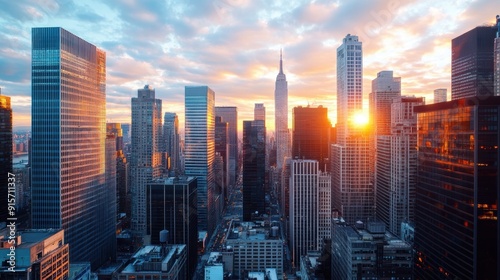 Stunning sunset over a vibrant city skyline, highlighting tall skyscrapers and warm colors in the sky.