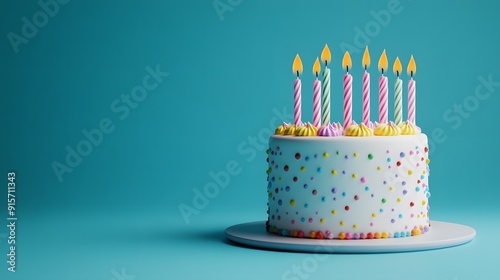 Cartoon style, minimalism, cute birthday cake with candles on a blue background, banner design, copy space concept