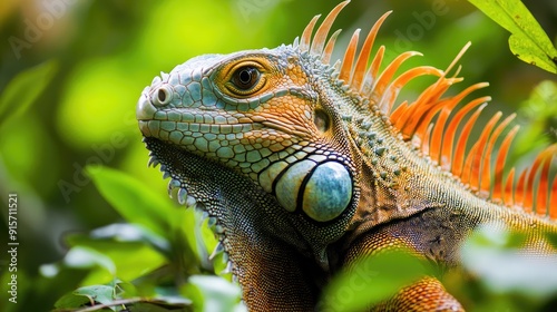Close-up of a Green Iguana s Head with Orange Spikes