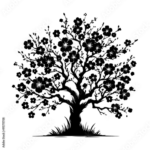 Cherry Blossom Tree, vector black color silhouette, isolated white background