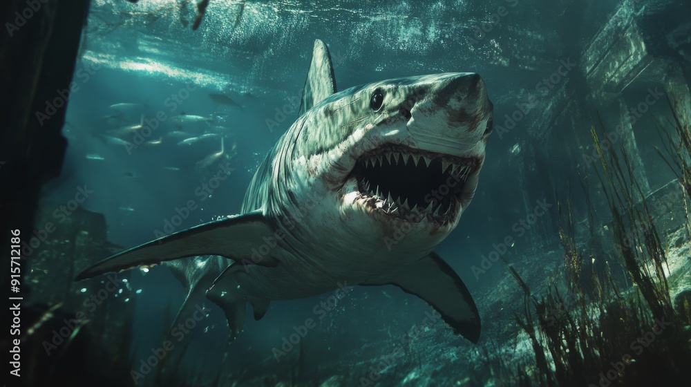 Fototapeta premium A dramatic underwater scene showing a large, aggressive shark hunting, with clear details of its powerful physique.