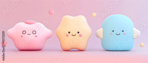 set of Adorable clay ,a child sleeping pillow of different varieties, muted pastels, 3D clay icon, Blender 3d, kawaii pillow, cute tiny model