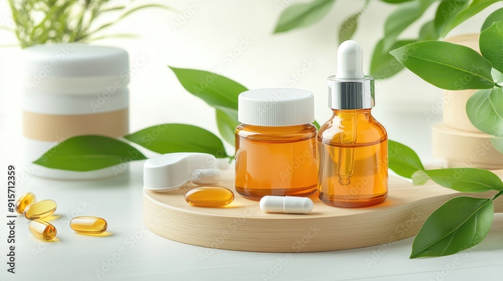 Natural, bio-based supplements and beauty products in a serene, spa-like setting. Natural, bio-based supplements and beauty products in a serene, spa-like setting.