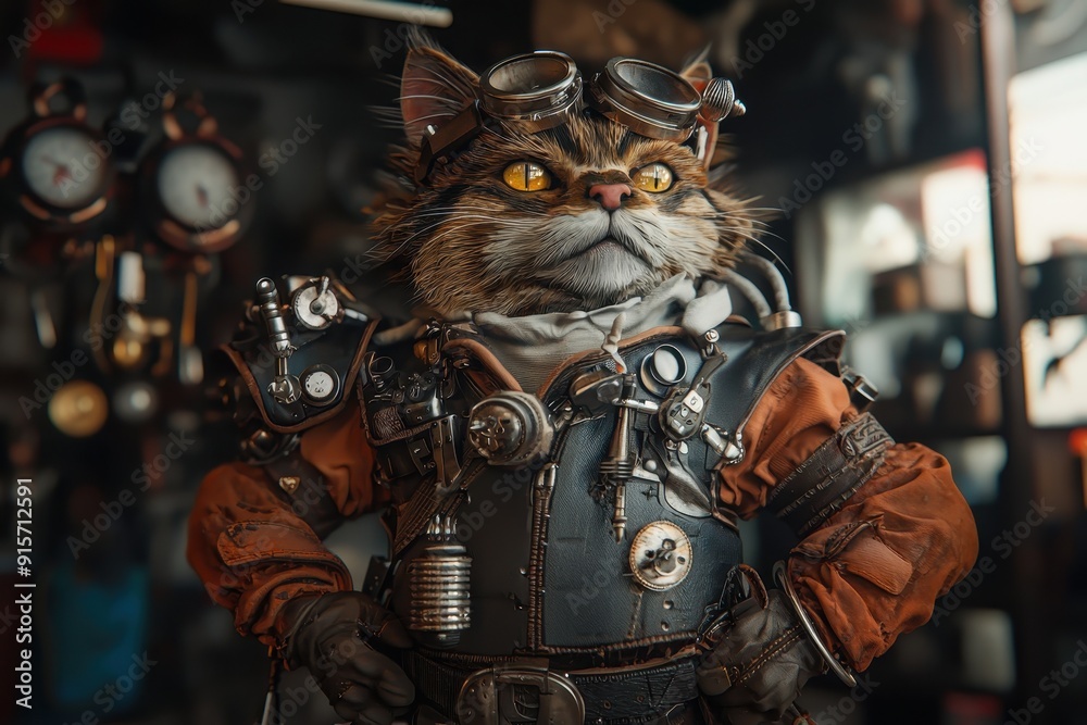 Steampunk Maine Coon Warrior, a formidable mechanical feline dressed in intricate steampunk attire, exuding a blend of elegance and power in a dynamic 3D design. Steampunk Maine Coon Warrior, a formidable mechanical feline dressed in intricate steampunk attire, exuding a blend of elegance and power in a dynamic 3D design.
