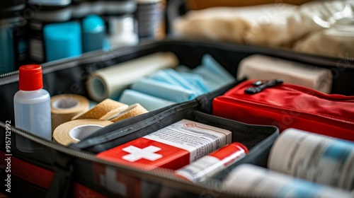 A well-organized first aid kit with essential medical supplies like bandages, antiseptic, and gauze. photo