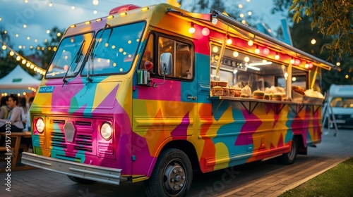 A brightly painted food truck with a vibrant pattern serves food at an evening festival with string lights.