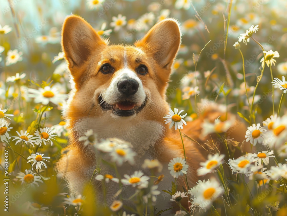A Golden-Furred Dog Surrounded by White Daisies A Golden-Furred Dog Surrounded by White Daisies