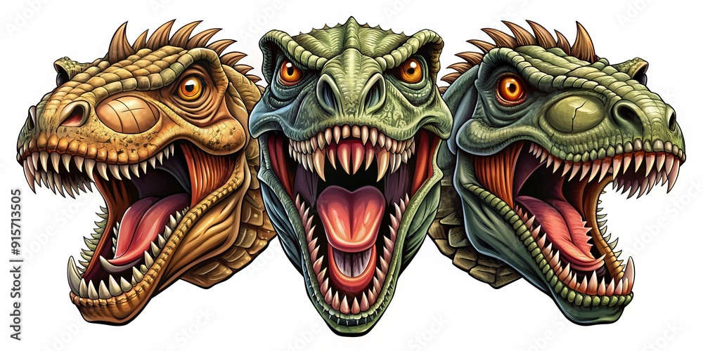 Obraz premium Fierce set of dinosaur heads with open mouths and sharp fangs, displaying diverse angry expressions, ideal for tattoo, emblem, or logo design, on a white background.