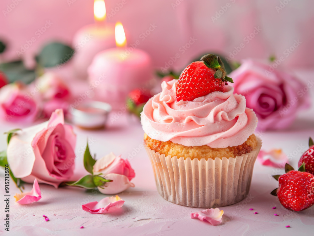 Pink Cupcake with Strawberry Topping and Roses Pink Cupcake with Strawberry Topping and Roses