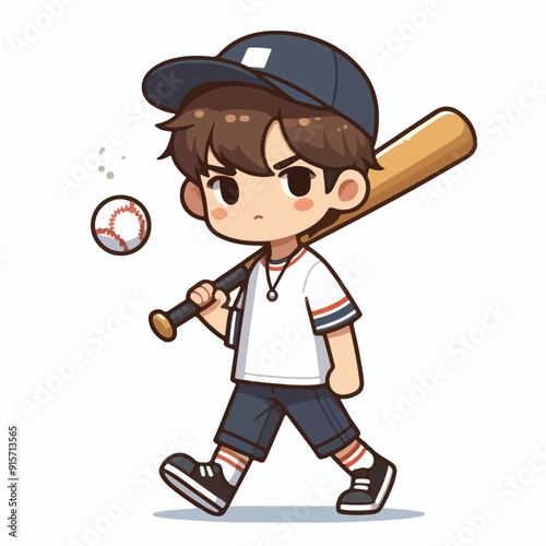 vector of a teenager playing baseball with enthusiasm, chibi style