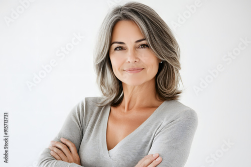 Beautiful Mature European woman close up portrait. Beautiful gorgeous 40-50s mid aged mature lady looking at camera isolated on white.