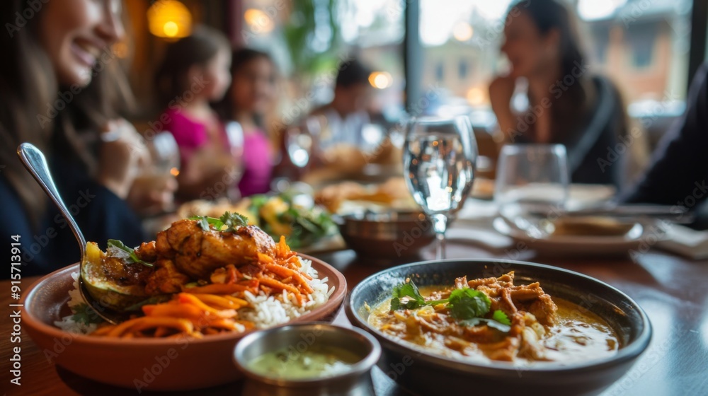 A family enjoying a meal of Thai and Indian cuisine at a cozy restaurant, with a variety of dishes like tandoori chicken and tom yum soup. A family enjoying a meal of Thai and Indian cuisine at a cozy restaurant, with a variety of dishes like tandoori chicken and tom yum soup.