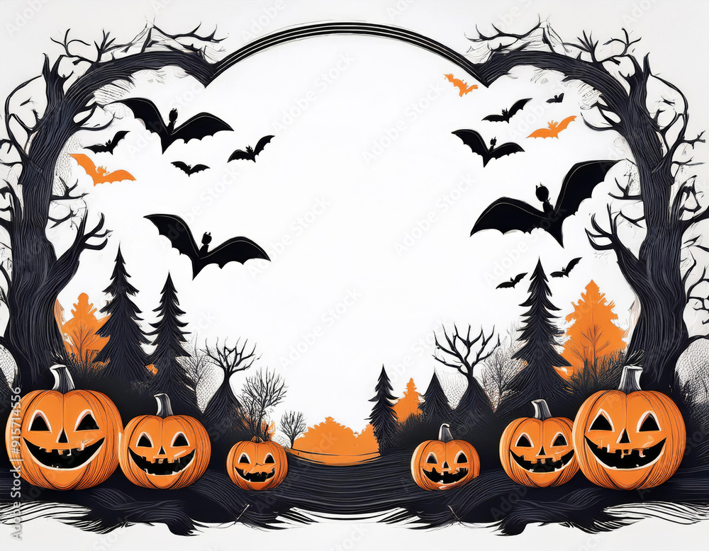 Halloween themed illustration featuring silhouette of spooky trees, flying bats, and carved pumpkins against a twilight background, creating a festive and eerie Halloween scene. Halloween themed illustration featuring silhouette of spooky trees, flying bats, and carved pumpkins against a twilight background, creating a festive and eerie Halloween scene.