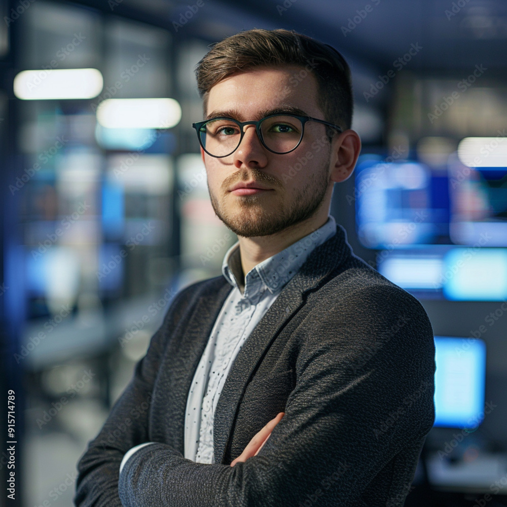 Fototapeta premium A professional, profile photograph of a male systems analyst in a modern office environment. He is dressed in smart-casual attire, wearing a collared shirt with or without a blazer.