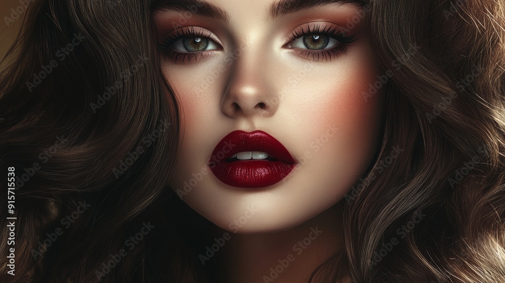 A glamorous close-up of a woman with bold lipstick and perfectly styled hair, capturing her flawless beauty and poise.