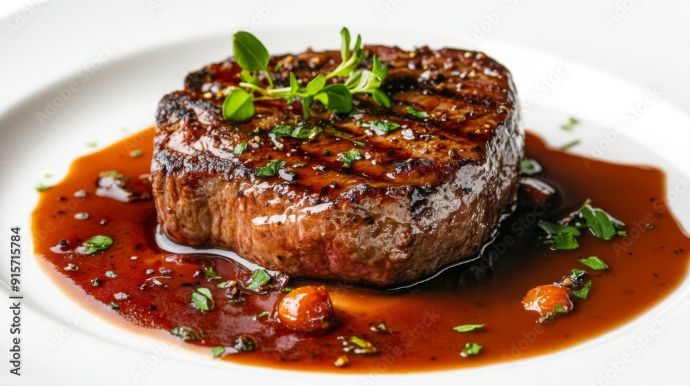 A gourmet steak plate featuring a filet mignon, drizzled with a rich sauce and garnished with fresh herbs on a white background. A gourmet steak plate featuring a filet mignon, drizzled with a rich sauce and garnished with fresh herbs on a white background.