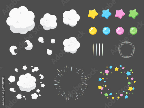 煙と星が広がるかわいい爆発のエフェクト素材セット