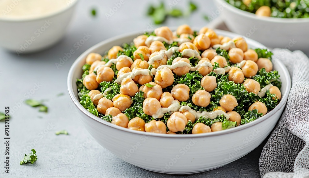 Bowl of chickpea and kale salad with a tahini dressing nutrient rich protein dense dish Bowl of chickpea and kale salad with a tahini dressing nutrient rich protein dense dish