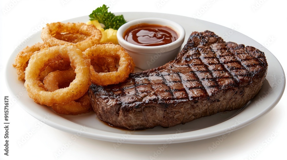 A hearty steak plate with a juicy porterhouse, crispy onion rings, and a tangy dipping sauce on a white background. A hearty steak plate with a juicy porterhouse, crispy onion rings, and a tangy dipping sauce on a white background.