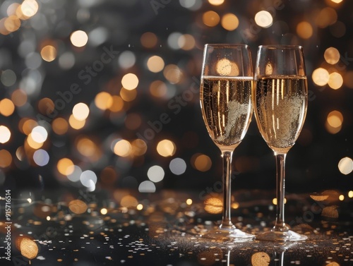 Two Champagne Flutes Against a Festive Bokeh Background