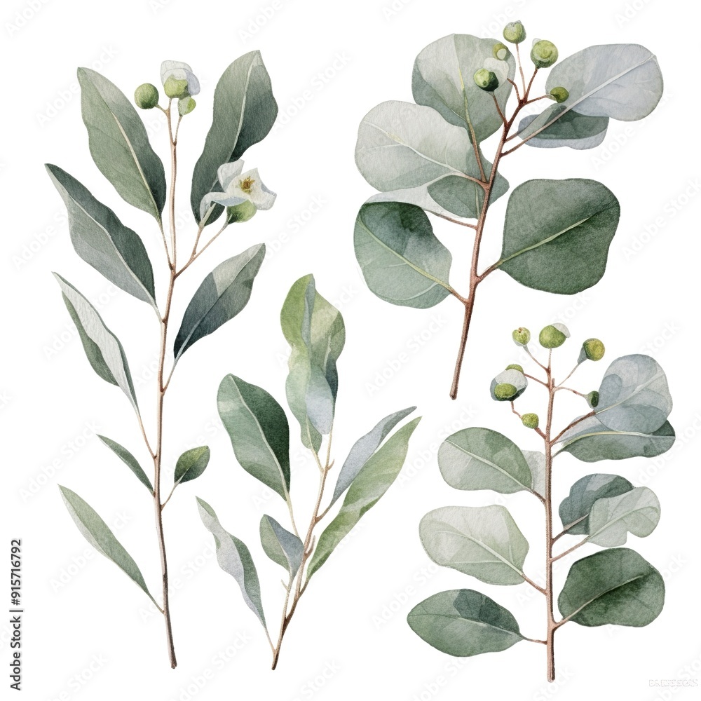 Watercolor illustration of four sprigs of greenery with leaves and buds. Watercolor illustration of four sprigs of greenery with leaves and buds.