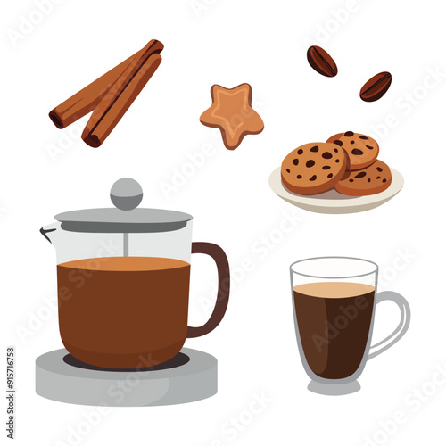 Elegant vector set combining a coffee cup, French press, and delicious treats—ideal for bringing a cozy, sophisticated touch to any design.