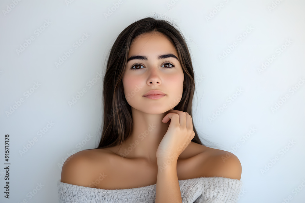 Beautiful young European woman with clean fresh skin on white background. Face care, Facial treatment concept Beautiful young European woman with clean fresh skin on white background. Face care, Facial treatment concept