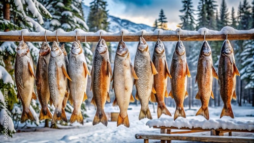 Freshly caught salmon hang to air dry on a rustic wooden rack amidst snow-covered trees, showcasing traditional Scandinavian winter preservation techniques in a serene setting. photo