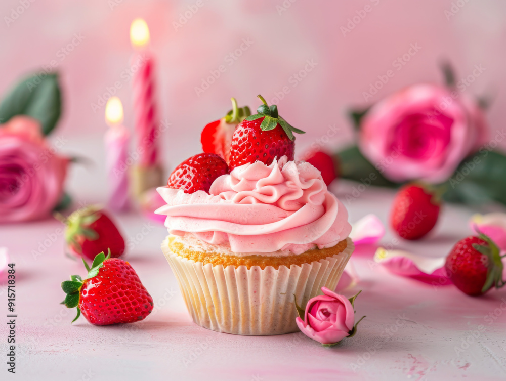 Pink Cupcake Topped with Strawberries and a Pink Rose Bud Pink Cupcake Topped with Strawberries and a Pink Rose Bud