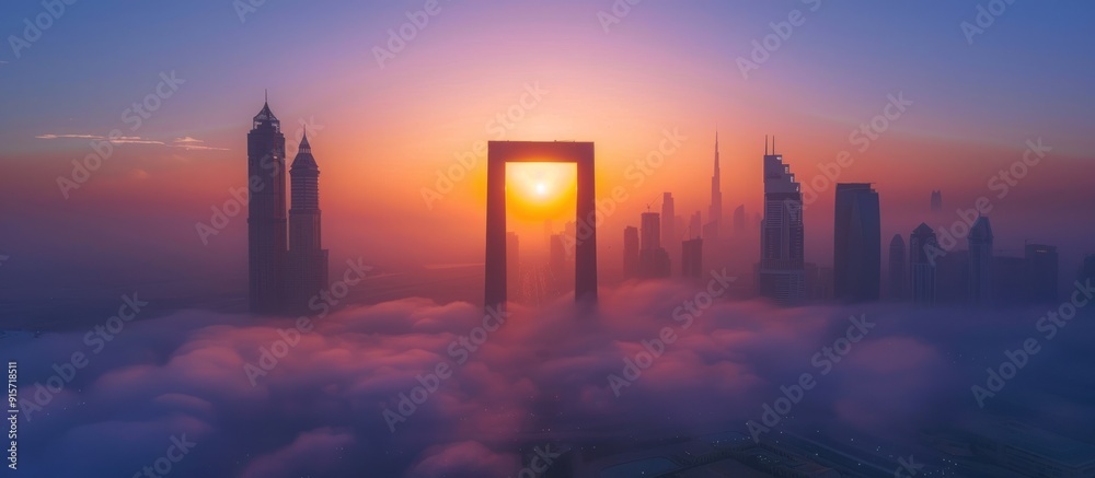 Fototapeta premium Dubai Skyline Sunrise Through The Frame