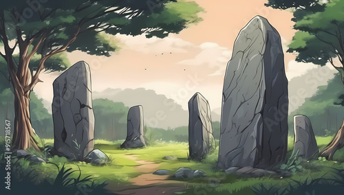 Anime Cartoon Mystical Standing Stones Ancient Monument Magical Woodlands photo