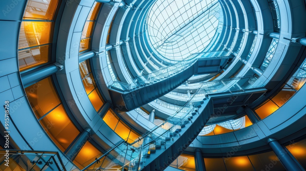 Spiral staircase inside a modern cylindrical building with glass floors