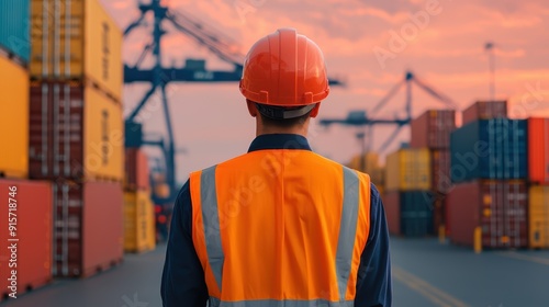 Industrial Worker Overlooking Shipping Containers at Sunset in a Busy Port