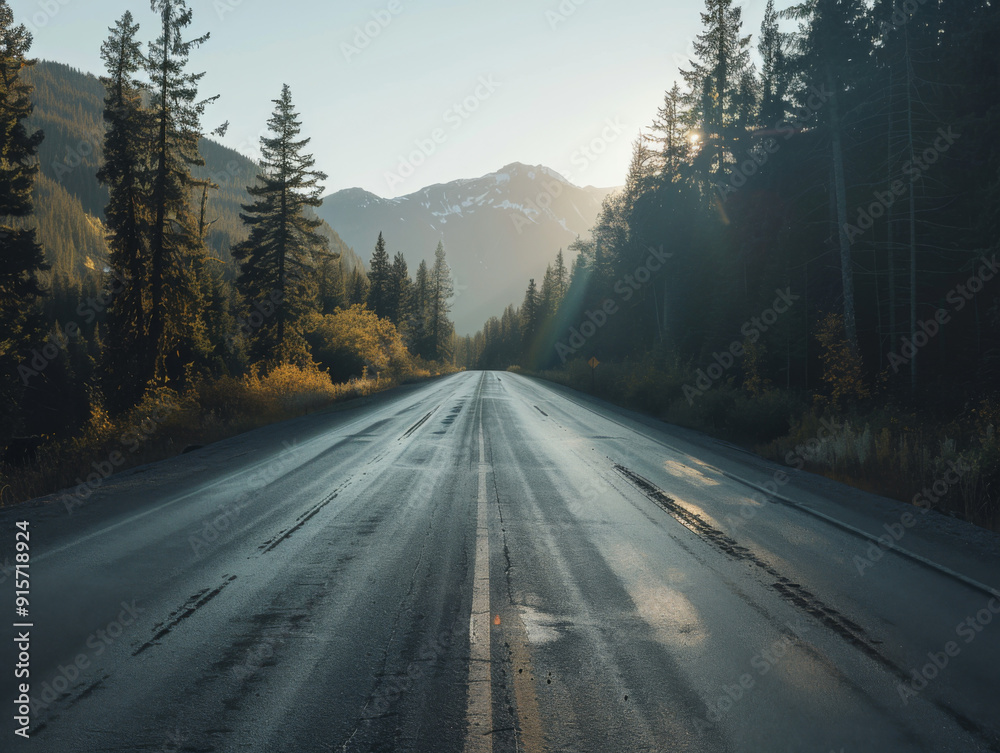 Naklejka premium Empty asphalt road through a mountain forest at sunrise
