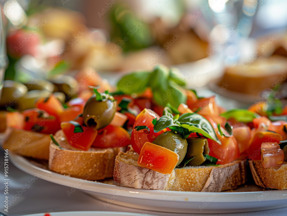 Close-up of a plate of bruschetta topped with tomatoes, olives, and basil Close-up of a plate of bruschetta topped with tomatoes, olives, and basil