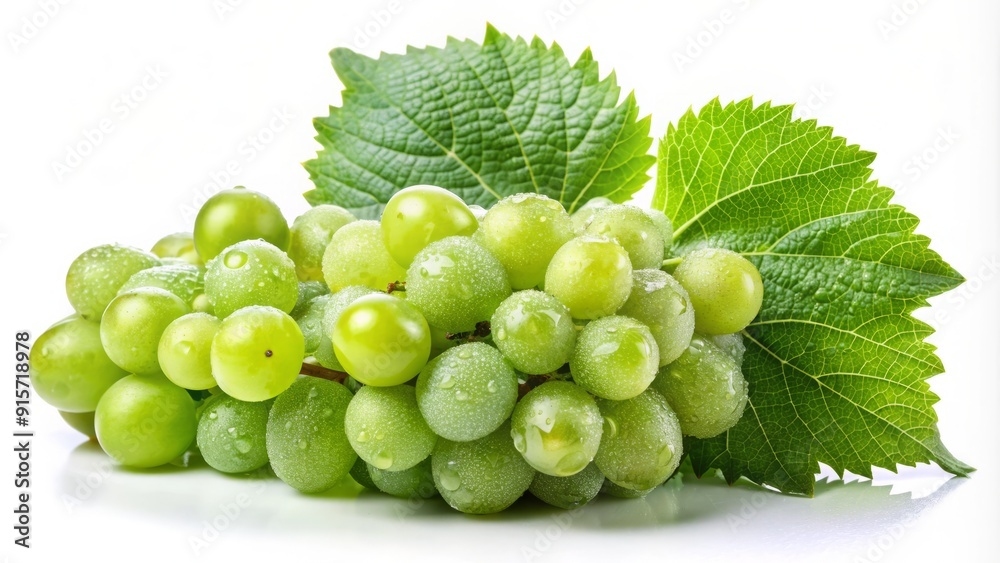Freshly plucked green vine grapes with dewy leaves and delicate tendrils isolated on a clean white background, showcasing nature's beauty and simplicity. Freshly plucked green vine grapes with dewy leaves and delicate tendrils isolated on a clean white background, showcasing nature's beauty and simplicity.